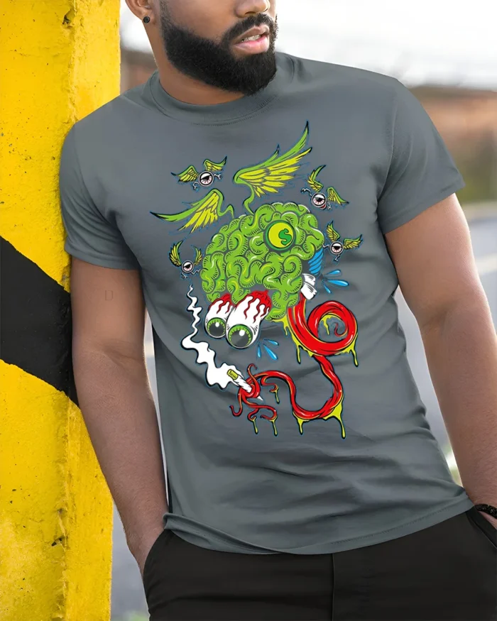 Trippy Brain Cartoon T-Shirt with Flying Eyeballs Design - model in grey shirt leaning against column
