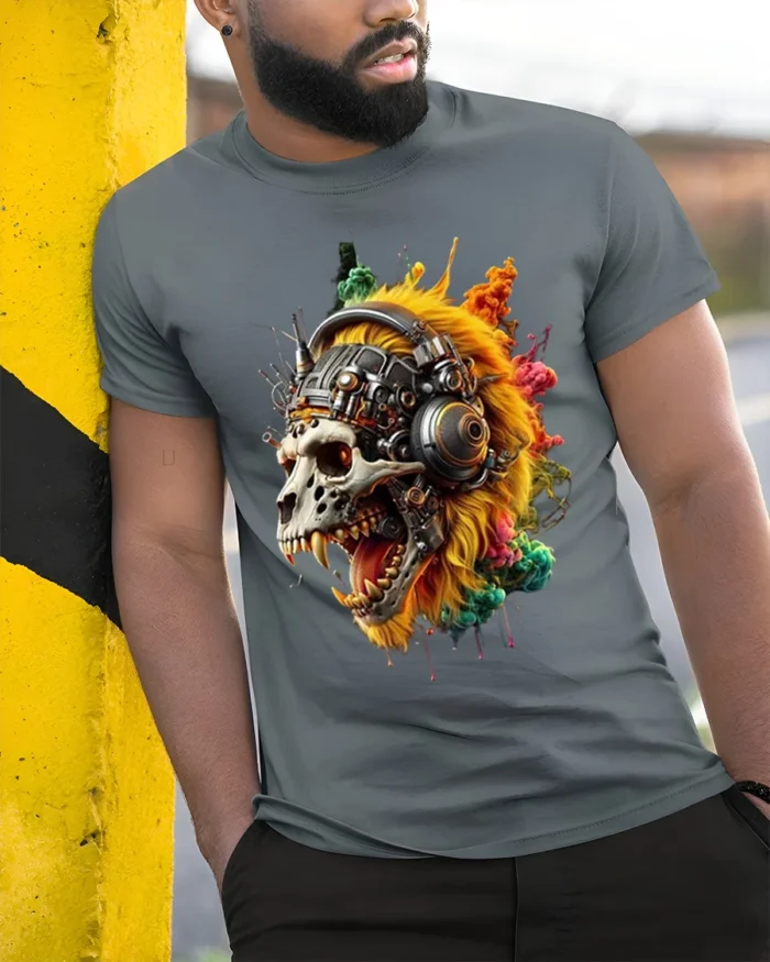 Cyberpunk Lion Skull T-Shirt with Futuristic Headphones - model in grey shirt leaning against column