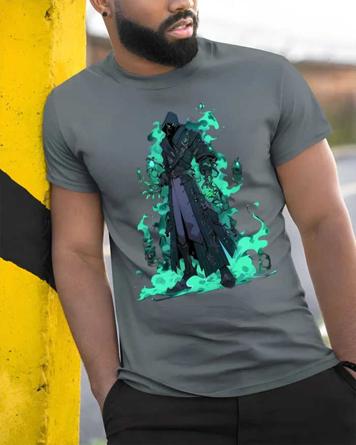 Shadow Mage Fantasy T-Shirt with Glowing Green Flames - model in grey shirt leaning against column