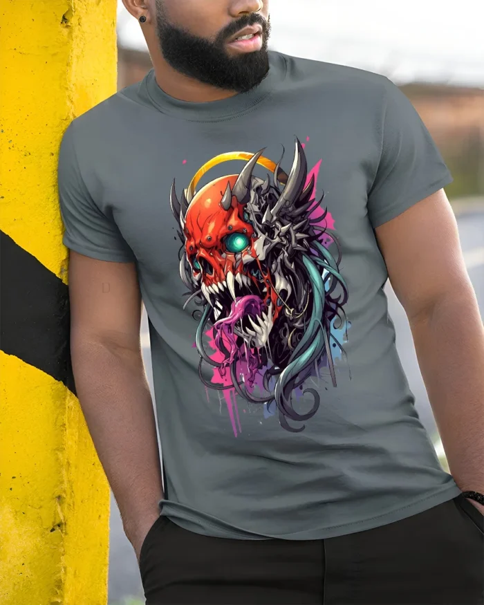 Demon Skull T-Shirt with Neon Tongue and Glowing Eyes - model in grey shirt leaning against column