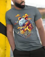 Space Bear Astronaut T-Shirt with Robot Suit Artwork - model in grey shirt leaning against column