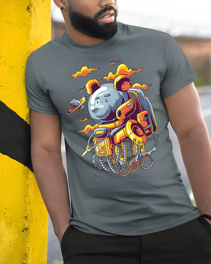 Space Bear Astronaut T-Shirt with Robot Suit Artwork - model in grey shirt leaning against column