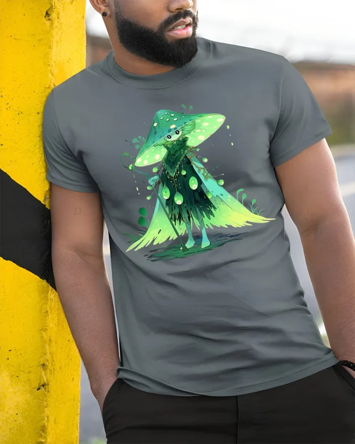 Forest Mushroom Wizard T-Shirt with Enchanted Green Cloak - model in grey shirt leaning against column