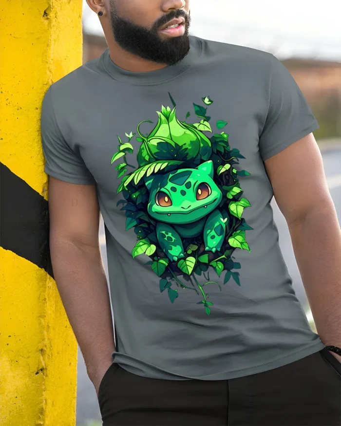 Cute Bulba Inspired T-Shirt Jungle Leaf Creature Design - model in grey shirt leaning against column