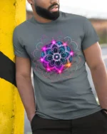 Vibrant Mandala Energy T-Shirt Neon Spiritual Art - model in grey shirt leaning against column
