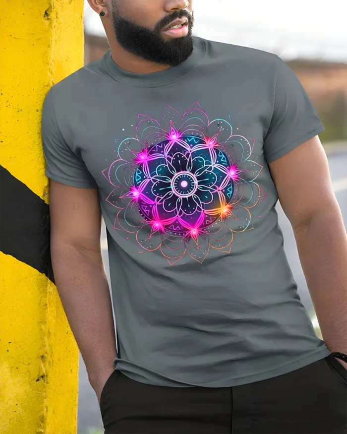Vibrant Mandala Energy T-Shirt Neon Spiritual Art - model in grey shirt leaning against column