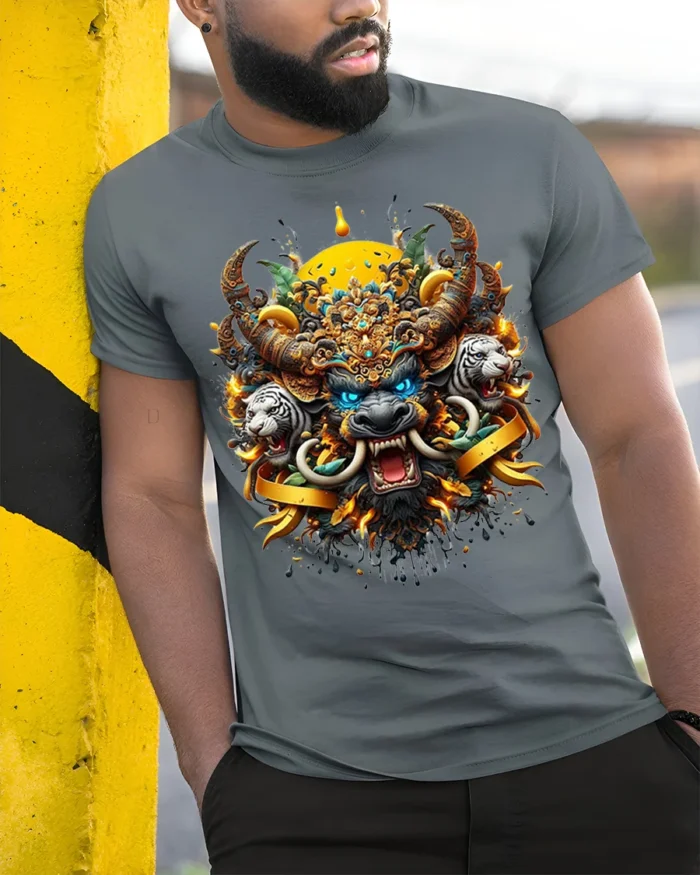 Mythical Beast Warrior T-Shirt Fierce Tribal Animal Art - model in grey shirt leaning against column