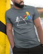 Rainbow Cat Spectrum T-Shirt Funny Prism Kitty - model in grey shirt leaning against column
