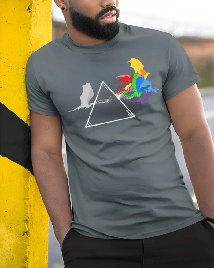 Rainbow Cat Spectrum T-Shirt Funny Prism Kitty - model in grey shirt leaning against column