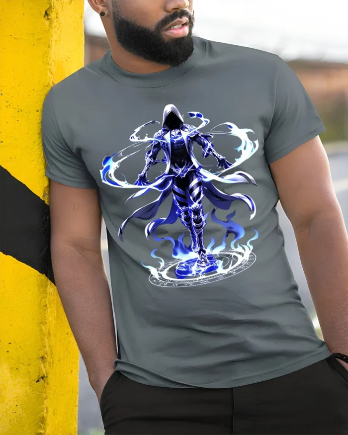 Electric Mage Summoning T-Shirt Blue Magic Power - model in grey shirt leaning against column