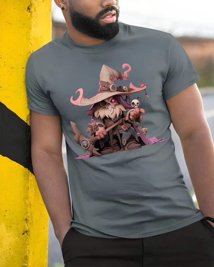 Cute Dark Wizard T-Shirt Cartoon Mage with Skull Staff - model in grey shirt leaning against column