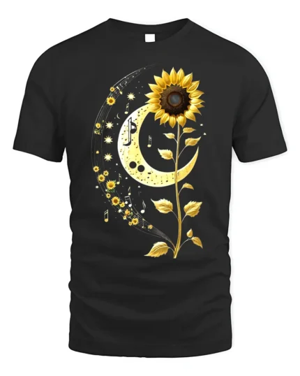 Sunflower Moon Musical Notes Graphic T-Shirt - black t-shirt on white background