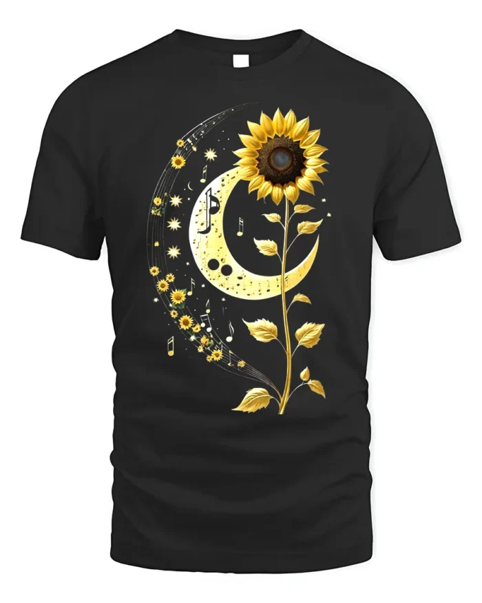 Sunflower Moon Musical Notes Graphic T-Shirt - black t-shirt on white background