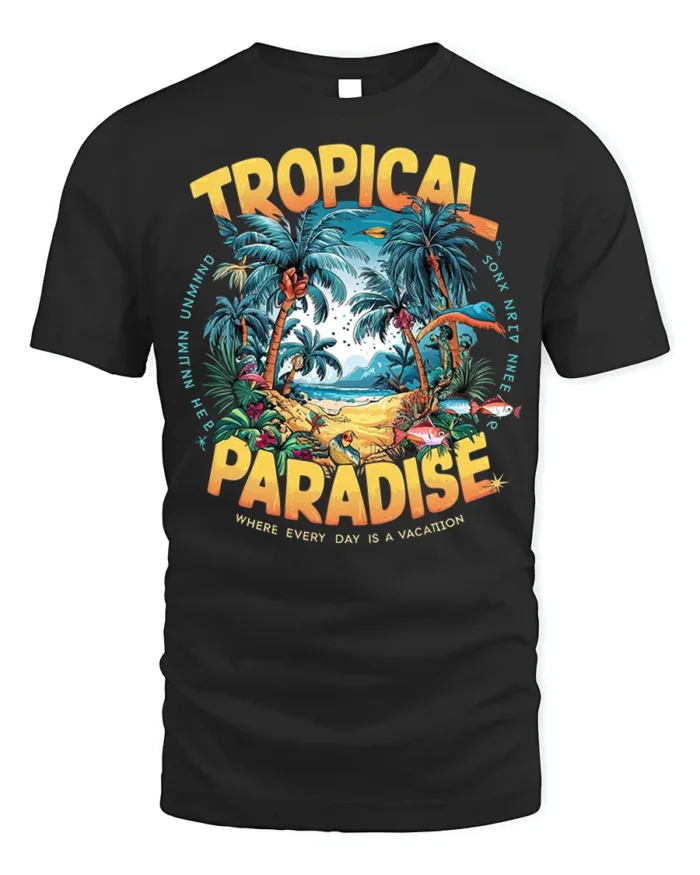 Tropical Paradise Graphic T-Shirt for Beach Vibes Lovers - black t-shirt on white background