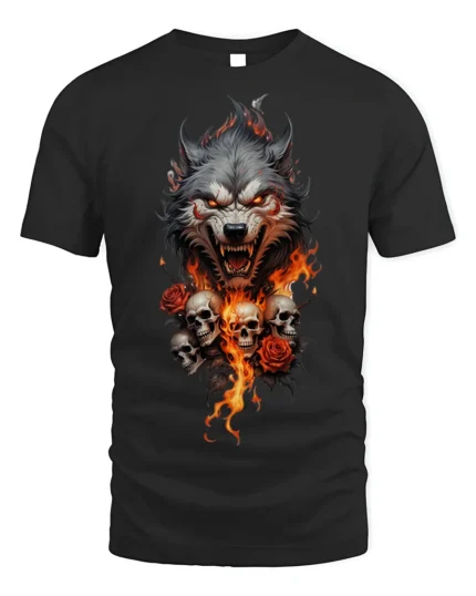 Flaming Wolf and Skull Graphic T-Shirt for Dark Style Fans - black t-shirt on white background
