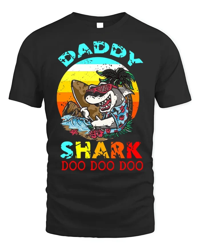 Daddy Shark Doo Doo Funny T-Shirt for Cool Beach Dads - black t-shirt on white background