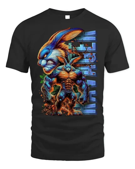 Muscle Bunny Ultra Beast T-Shirt for Gym and Comic Fans - black t-shirt on white background