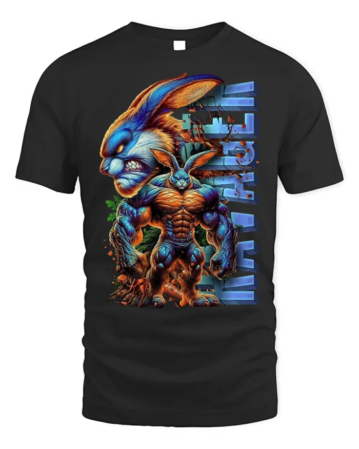 Muscle Bunny Ultra Beast T-Shirt for Gym and Comic Fans - black t-shirt on white background
