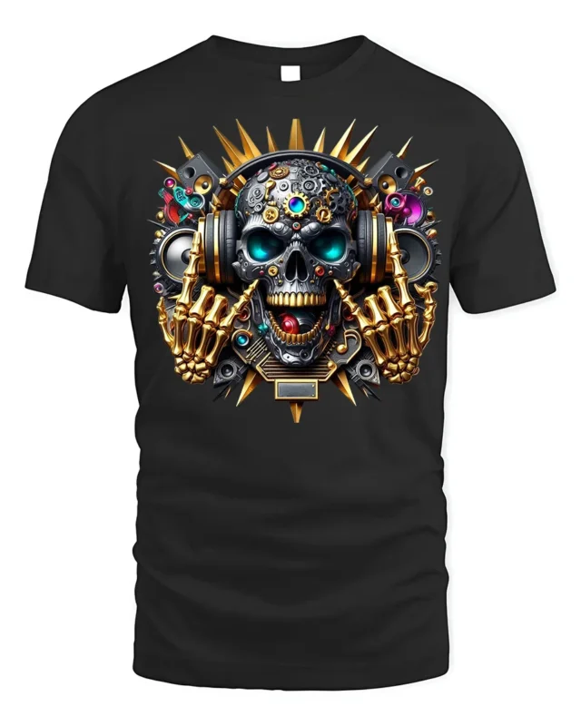 DJ Skull T-Shirt with Headphones and Gold Skeleton Hands - black t-shirt on white background