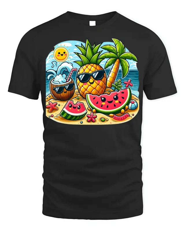 Cute Summer Fruit Beach T-Shirt - black t-shirt on white background