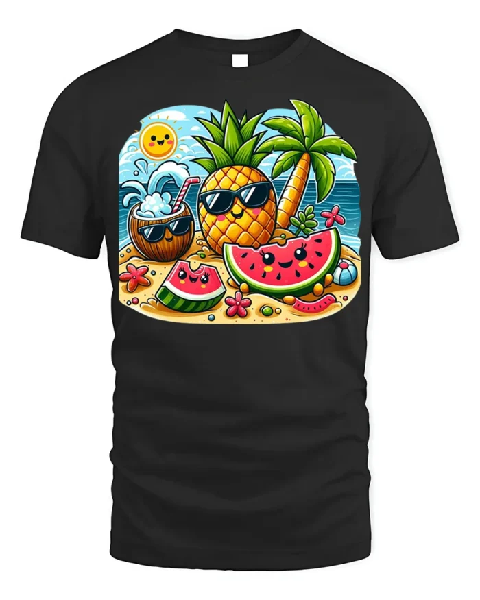 Cute Summer Fruit Beach T-Shirt - black t-shirt on white background