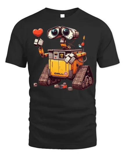 Cute Robot Love T-Shirt with Heart and Cartoon Style Design - black t-shirt on white background