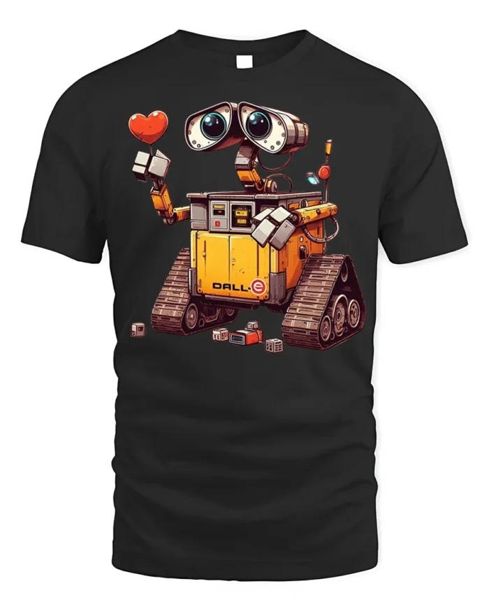 Cute Robot Love T-Shirt with Heart and Cartoon Style Design - black t-shirt on white background