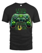 Level Up Your Luck Gaming T-Shirt with Shamrock Controller - black t-shirt on white background