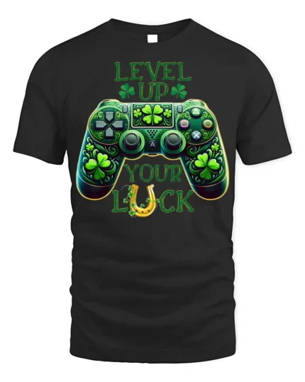 Level Up Your Luck Gaming T-Shirt with Shamrock Controller - black t-shirt on white background