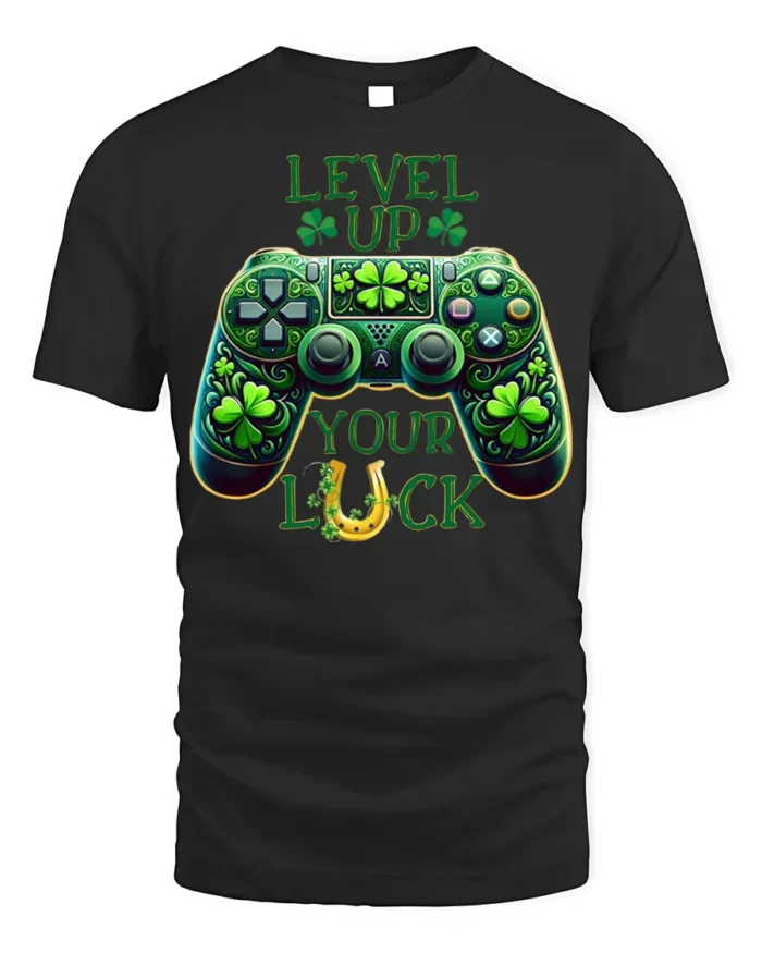 Level Up Your Luck Gaming T-Shirt with Shamrock Controller - black t-shirt on white background