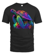 Colorful Sea Turtle Ocean Reef Graphic T-Shirt Unisex - black t-shirt on white background