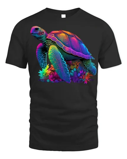 Colorful Sea Turtle Ocean Reef Graphic T-Shirt Unisex - black t-shirt on white background