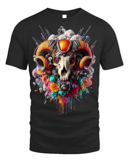 Psychedelic Ram Skull Tech Art T-Shirt - black t-shirt on white background