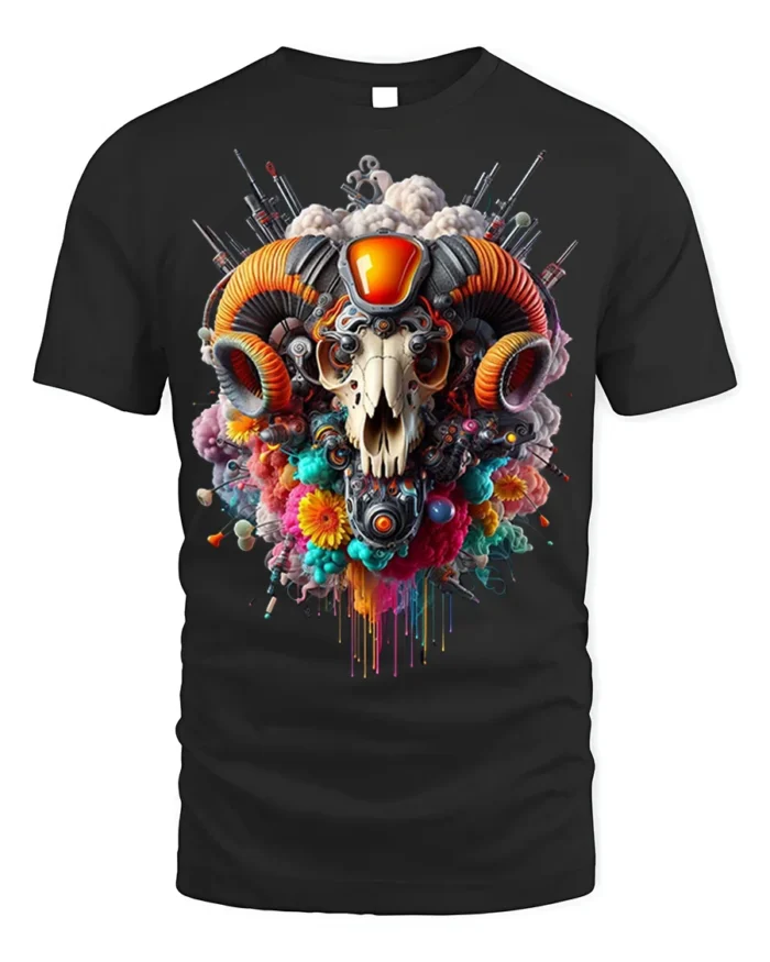 Psychedelic Ram Skull Tech Art T-Shirt - black t-shirt on white background