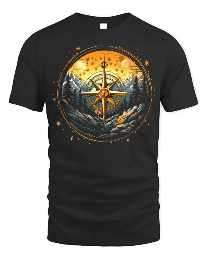 Compass Mountain Forest Adventure Graphic T-Shirt Unisex - black t-shirt on white background