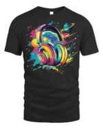 Colorful Headphones Galaxy Music T-Shirt for Music Lovers - black t-shirt on white background