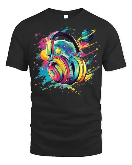 Colorful Headphones Galaxy Music T-Shirt for Music Lovers - black t-shirt on white background