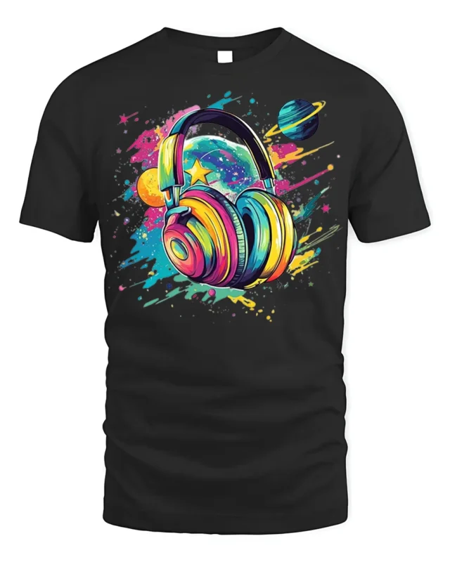 Colorful Headphones Galaxy Music T-Shirt for Music Lovers - black t-shirt on white background