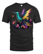 Colorful Hummingbird Floral Graphic T-Shirt for Nature Fans - black t-shirt on white background