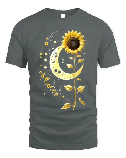 Sunflower Moon Musical Notes Graphic T-Shirt - gray t-shirt on white background