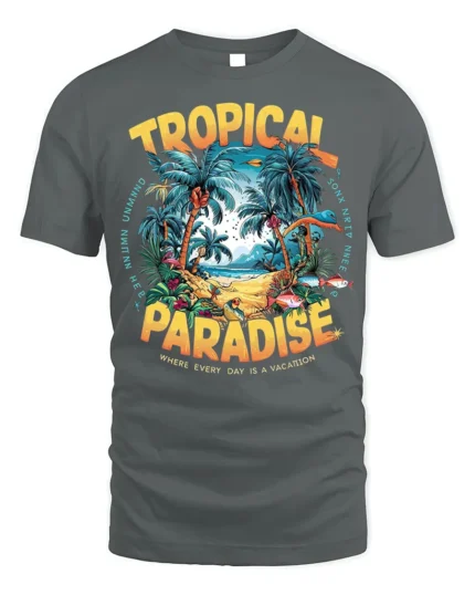 Tropical Paradise Graphic T-Shirt for Beach Vibes Lovers - gray t-shirt on white background
