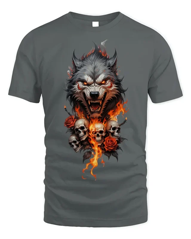 Flaming Wolf and Skull Graphic T-Shirt for Dark Style Fans - gray t-shirt on white background