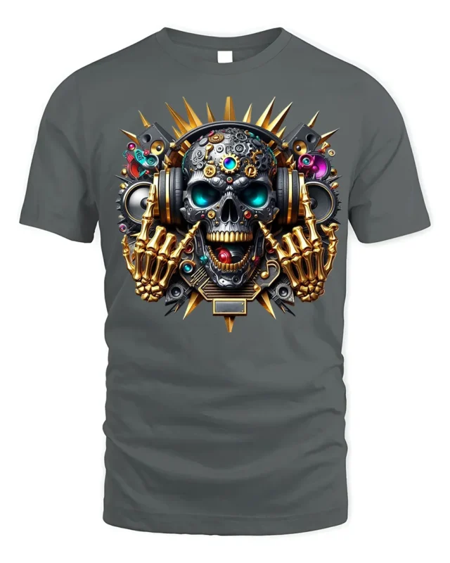 DJ Skull T-Shirt with Headphones and Gold Skeleton Hands - gray t-shirt on white background