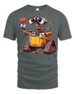 Cute Robot Love T-Shirt with Heart and Cartoon Style Design - gray t-shirt on white background