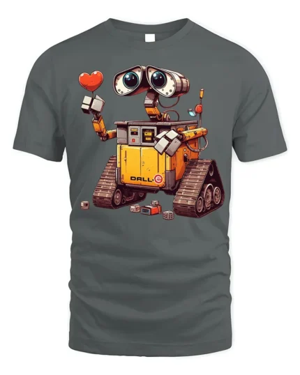 Cute Robot Love T-Shirt with Heart and Cartoon Style Design - gray t-shirt on white background