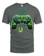 Level Up Your Luck Gaming T-Shirt with Shamrock Controller - gray t-shirt on white background