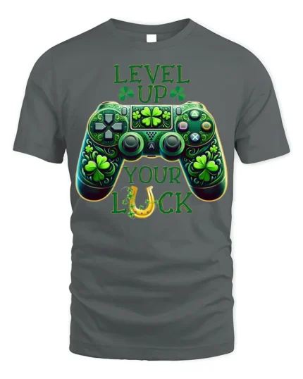 Level Up Your Luck Gaming T-Shirt with Shamrock Controller - gray t-shirt on white background