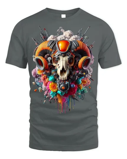 Psychedelic Ram Skull Tech Art T-Shirt - gray t-shirt on white background