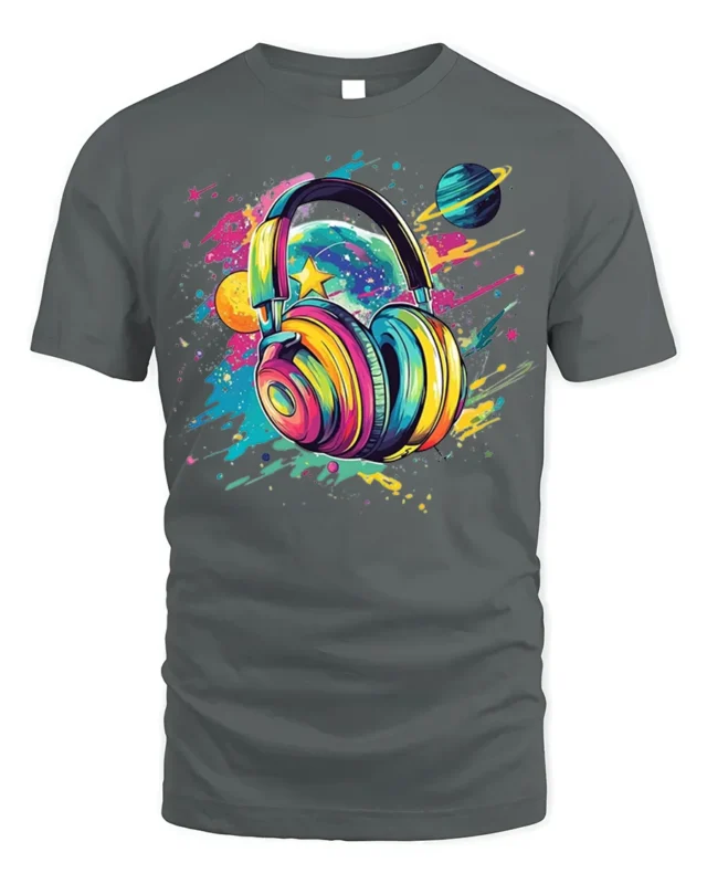 Colorful Headphones Galaxy Music T-Shirt for Music Lovers - gray t-shirt on white background