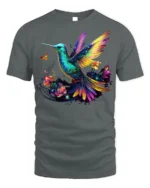 Colorful Hummingbird Floral Graphic T-Shirt for Nature Fans - gray t-shirt on white background